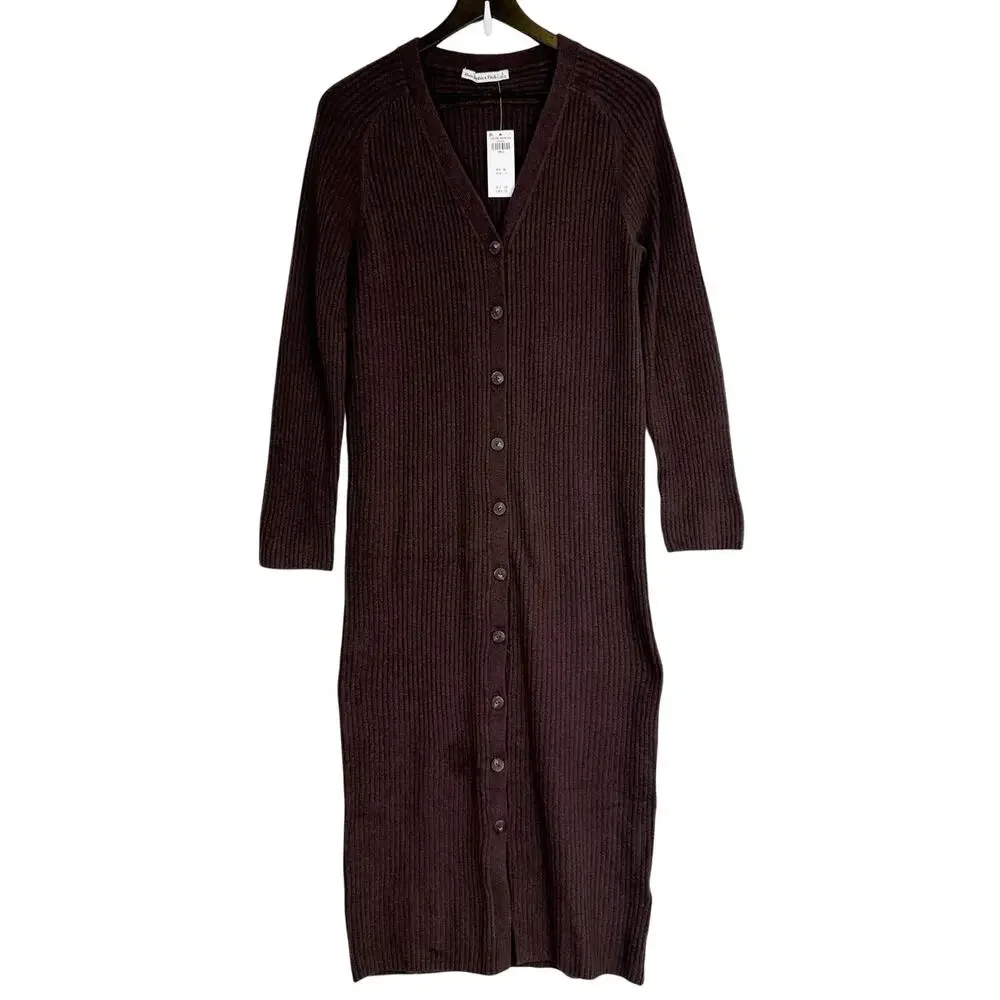 New Abercrombie & Fitch Duster Maxi Sweater Dress Rib Brown Button $120 - S